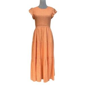 Y2k Smocked Tiered Midi Dress Women’s M Layered Peach Spring Summer Festive